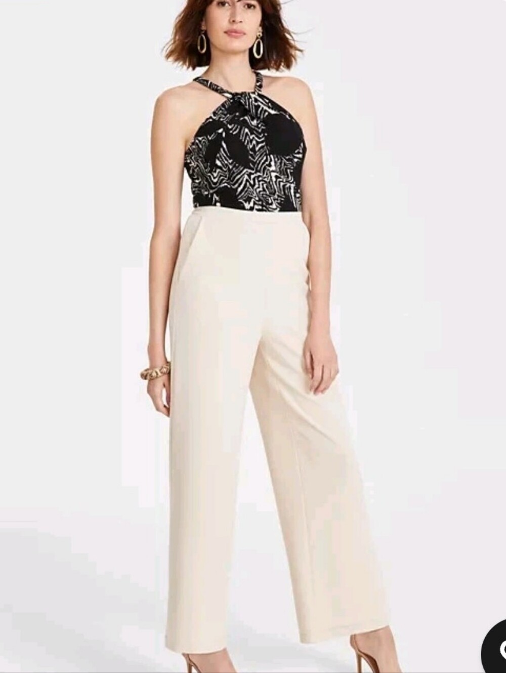 Rachel Roy Black Printed Halter Top Jumpsuit with Cream Wide-Leg Pants Large NWT